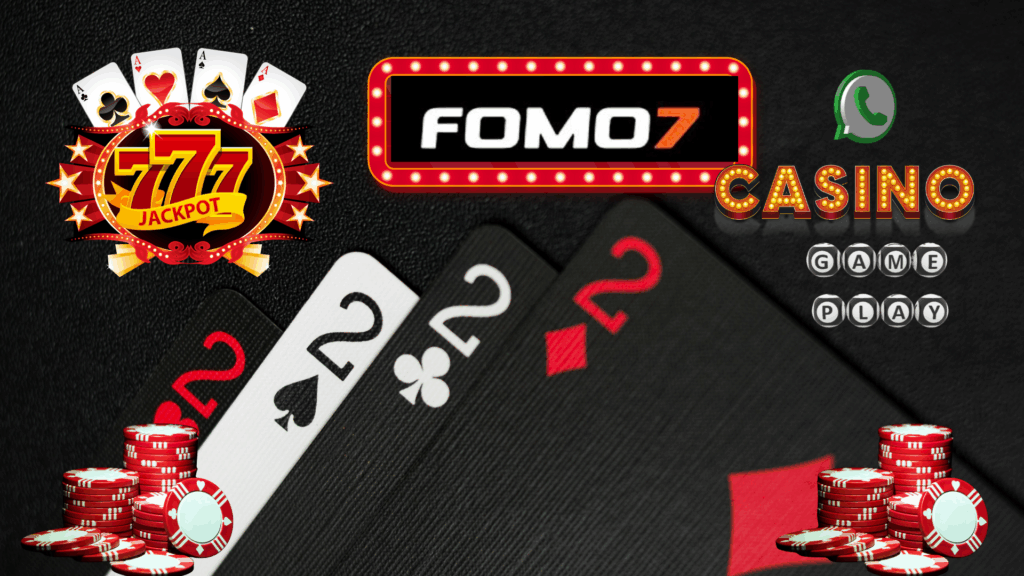 Fomo7 casino promotional banner featuring playing cards, poker chips, jackpot 777 logo, and the Fomo7 logo with “Casino Gameplay” text on a dark textured background.