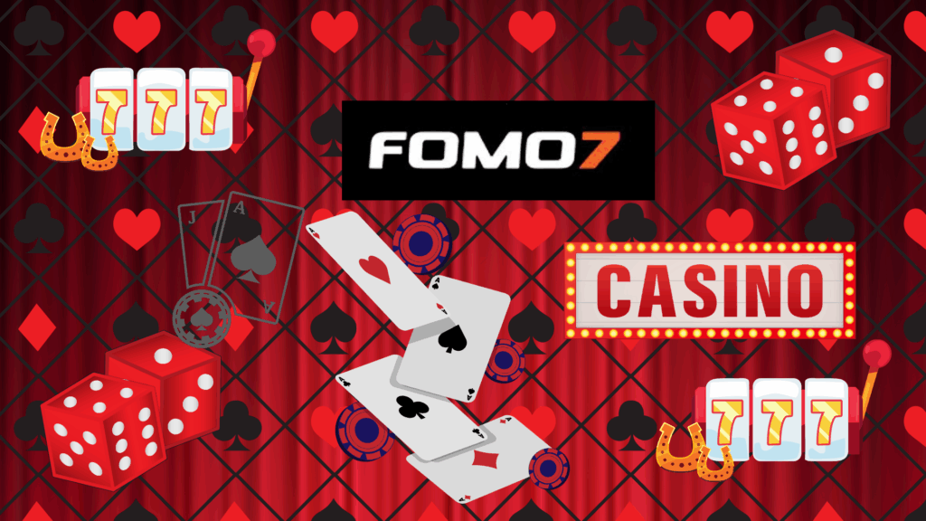 Fomo7 digital gaming-themed banner featuring cards, dice, and bright red background with the Fomo7 logo in the center.