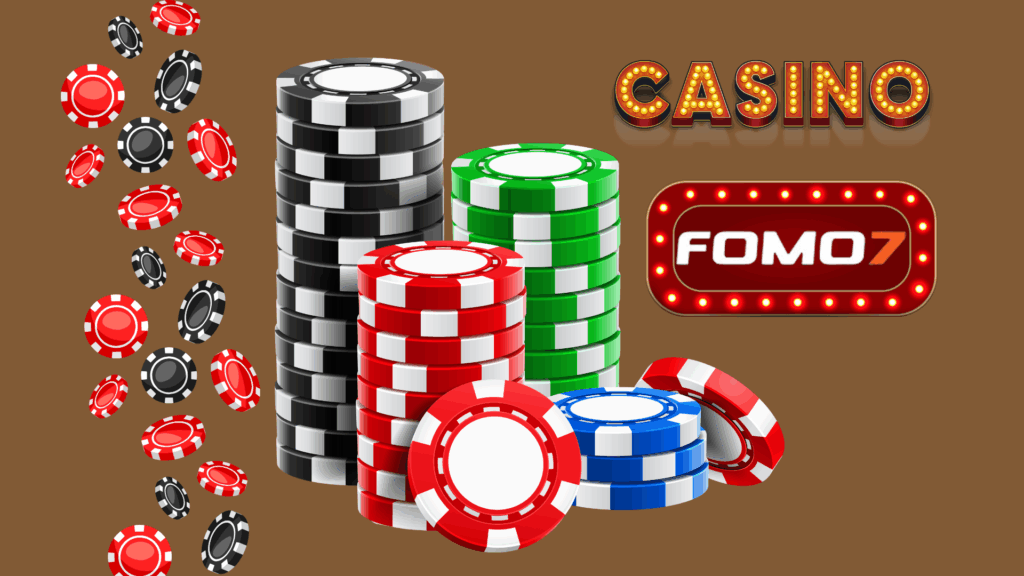 Stacks of colorful casino chips in red, black, green, and blue placed on a brown background, with the words “CASINO” and a glowing “FOMO7” sign displayed on the right side.