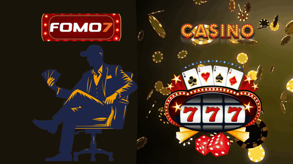 A promotional graphic showing a Fomo7 logo, a silhouette of a man holding playing cards, gambling chips, and slot icons with the word “Casino” displayed above.