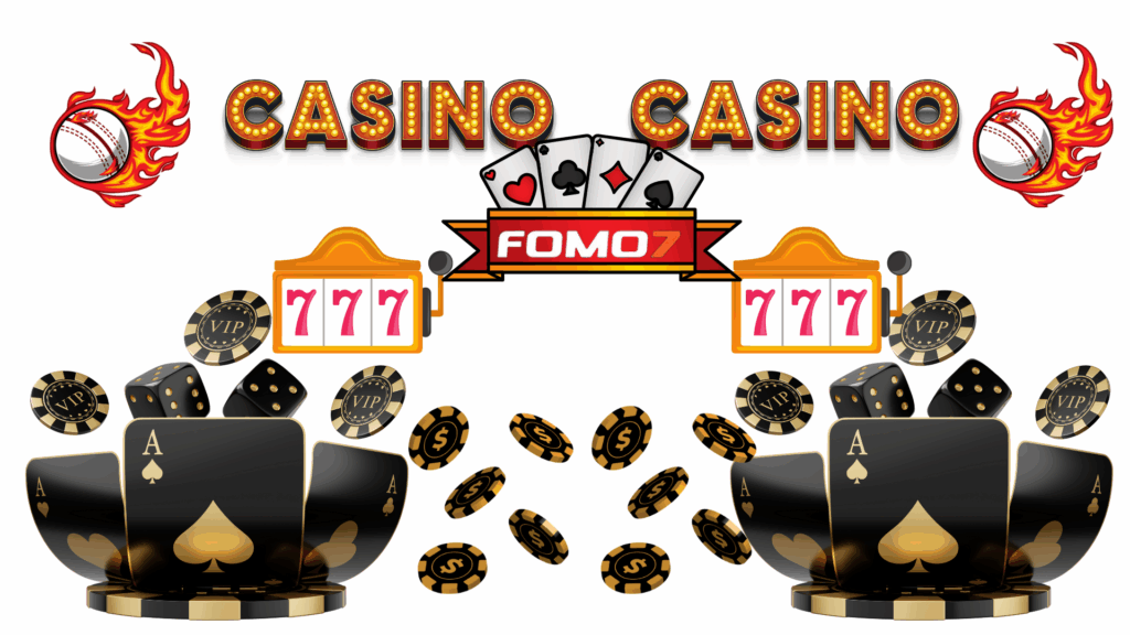 A bright graphic showing playing cards, slot machine icons displaying 777, VIP chips, dice, and the Fomo7 logo, with large “CASINO” text on a white background.