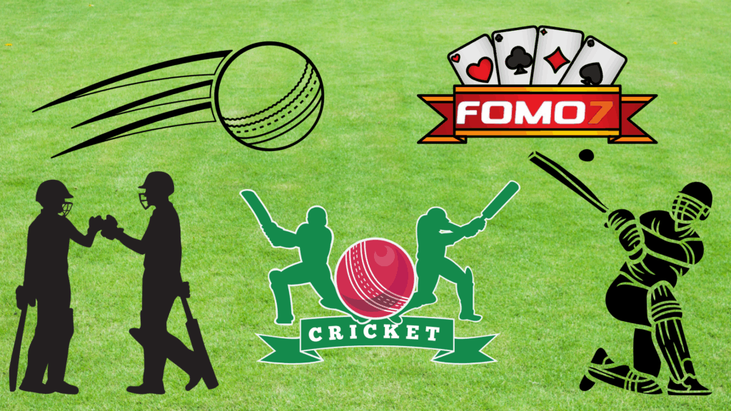 Illustration of cricket players, cricket icons, and the Fomo7 logo displayed over a green grass background.