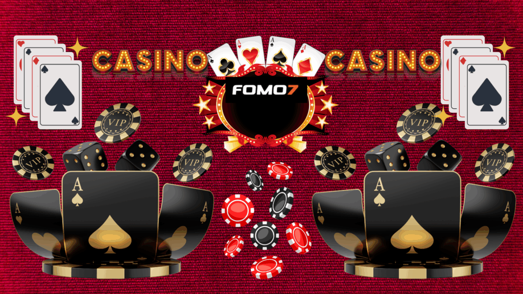 A decorative casino-themed banner featuring playing cards, dice, poker chips, VIP tokens, and the Fomo7 logo at the center, set against a bright red textured background.