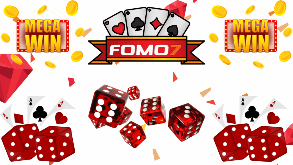 A bright and dynamic graphic featuring the Fomo7 logo, red dice, playing cards, gold coins, and “Mega Win” signs on a white background.
