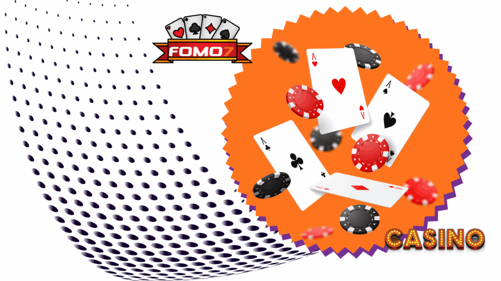 A bright graphic showing the Fomo7 logo above a collection of playing cards and colorful chips arranged inside an orange circular frame with a purple border.