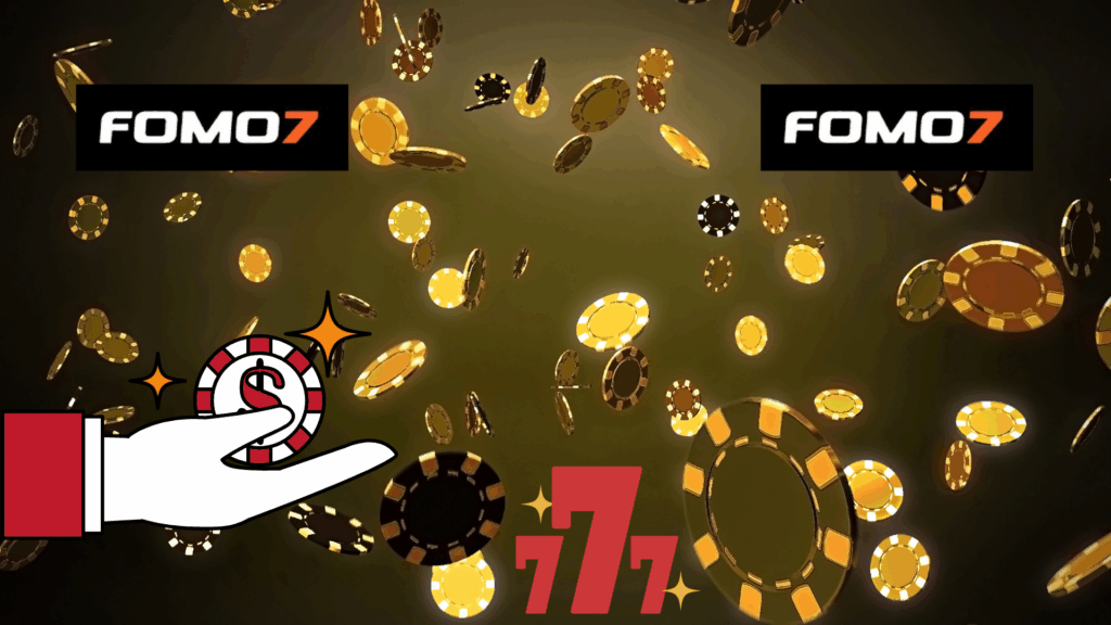 Fomo7 logo with golden chips falling in the background, a hand holding a reward token, and a red 777 icon symbolizing bonuses and rewards.