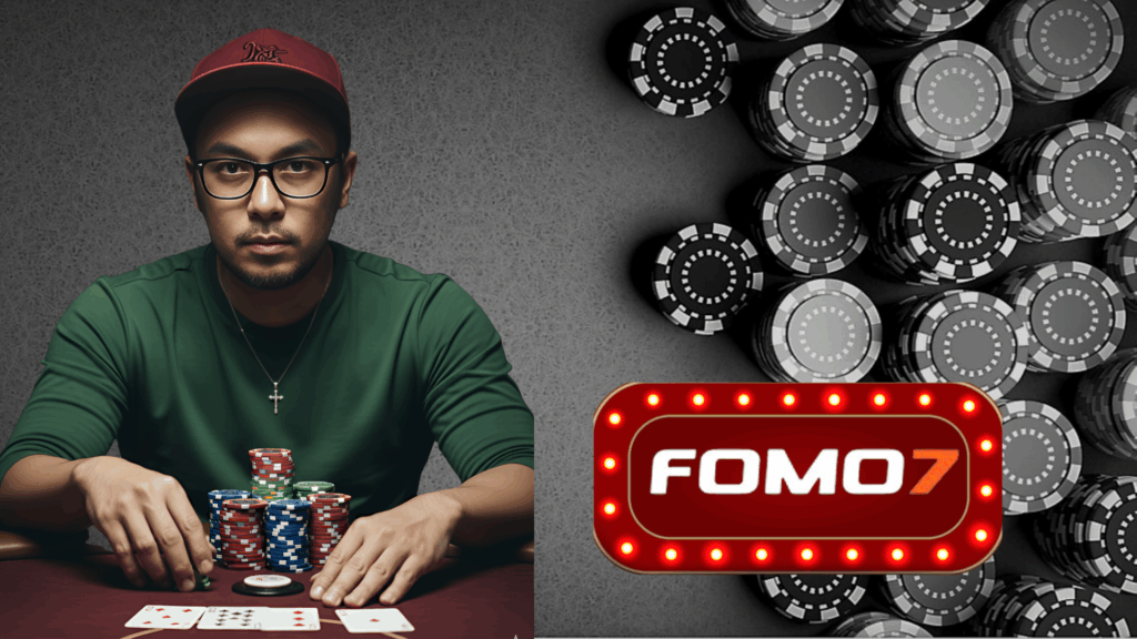 “A man wearing glasses and a red cap sitting at a poker table with stacks of colorful chips, placed beside a graphic of casino chips and the FOMO7 logo.”